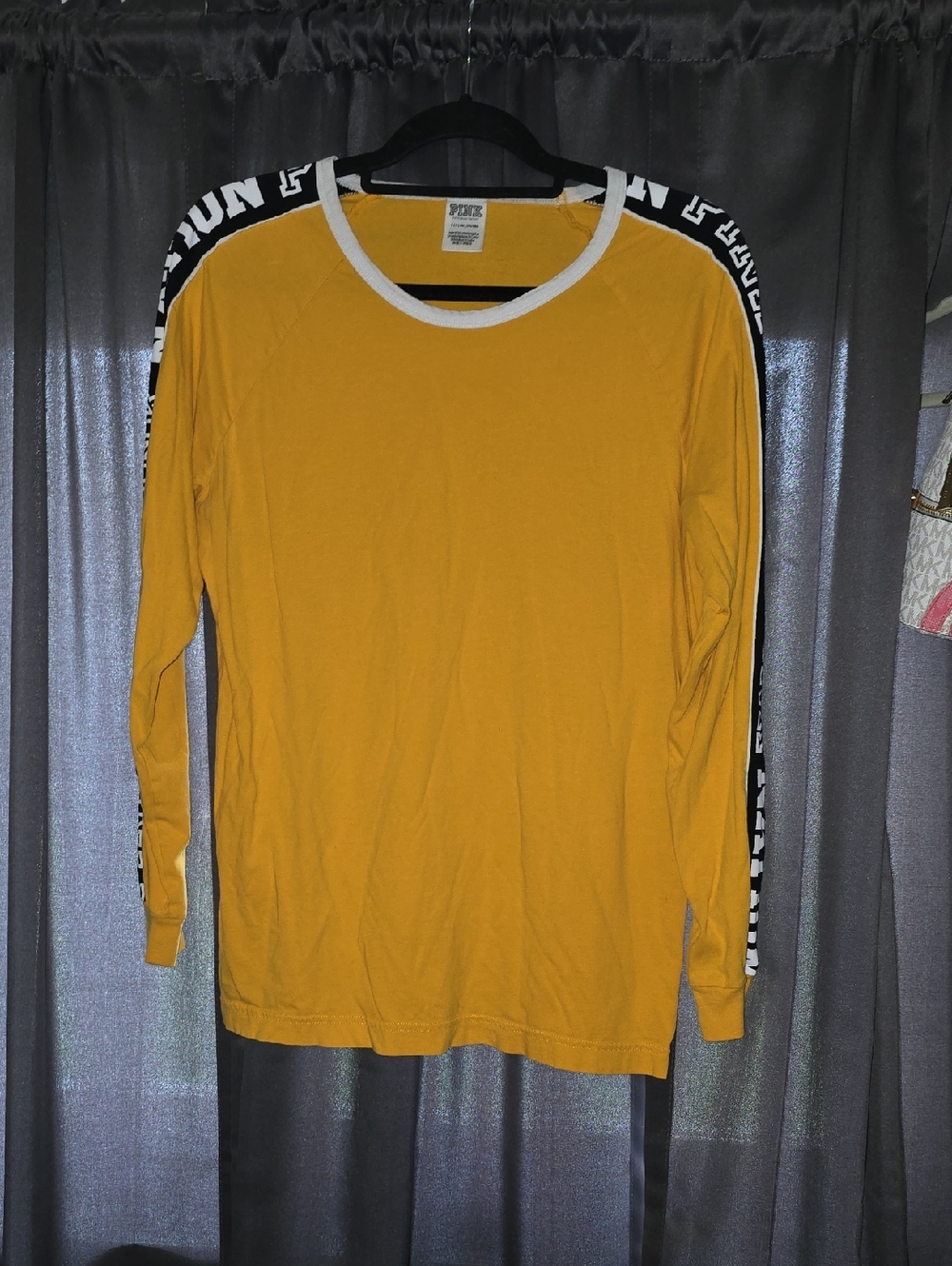PINK Victoria's Secret Yellow Long Sleeve Crew with Branded Shoulder Taping